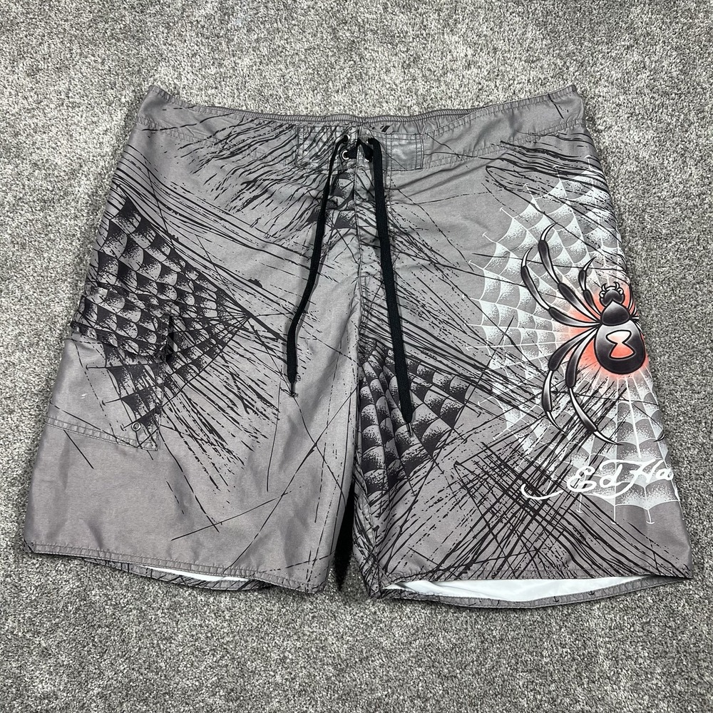 Ed Hardy Board Shorts Mens XL Grey Black Spiderweb Surf Swim Trunk Y2K VTG Rare